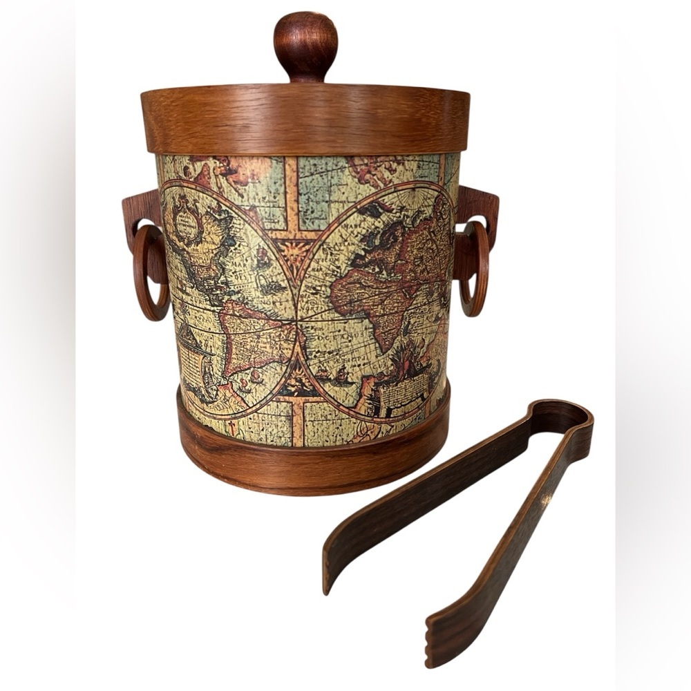 Vintage Old World Map Ice Bucket with Wooden Tongs, Nippon Saito